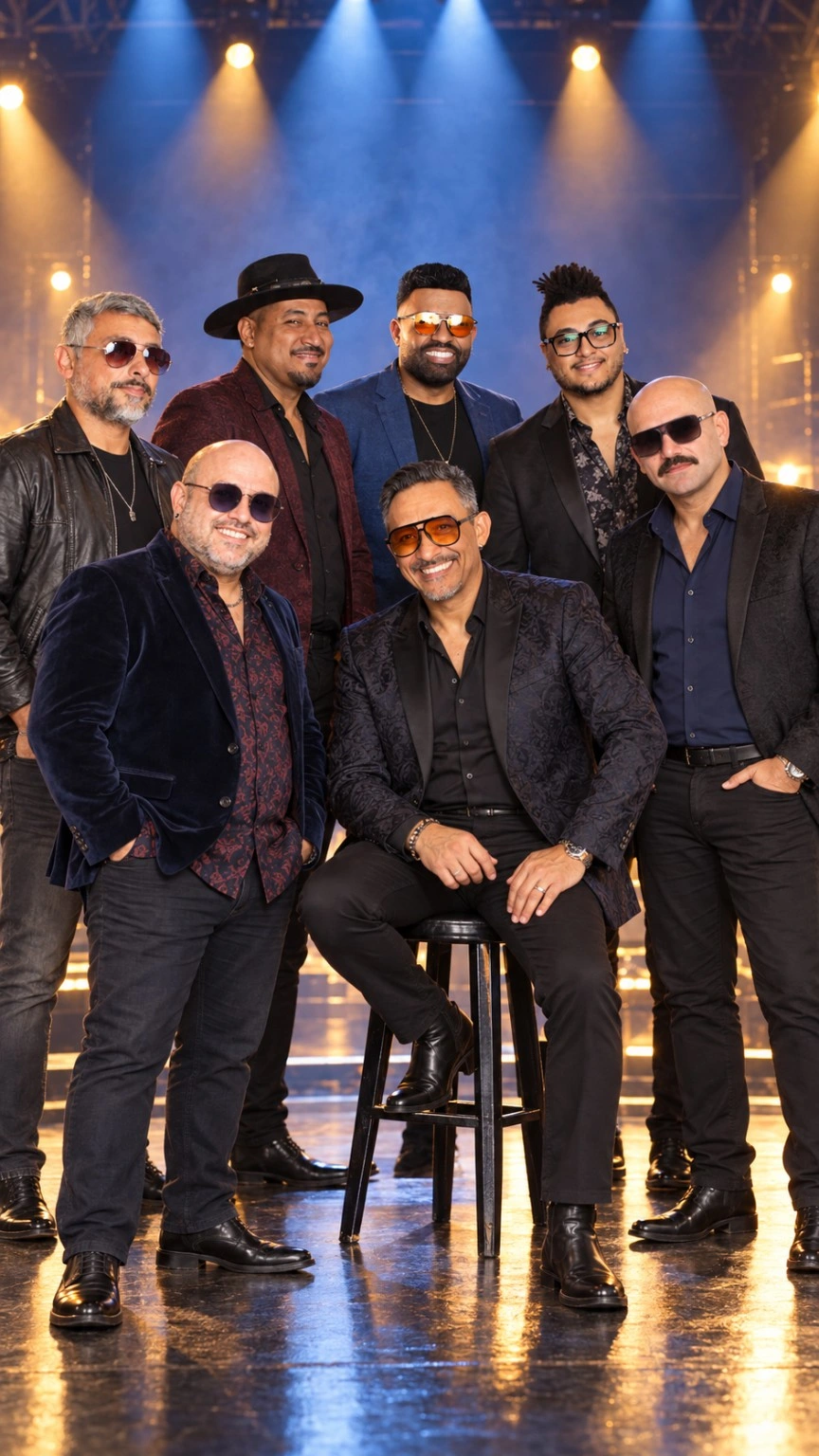 Os sete integrantes da banda em um cenário de palco iluminado