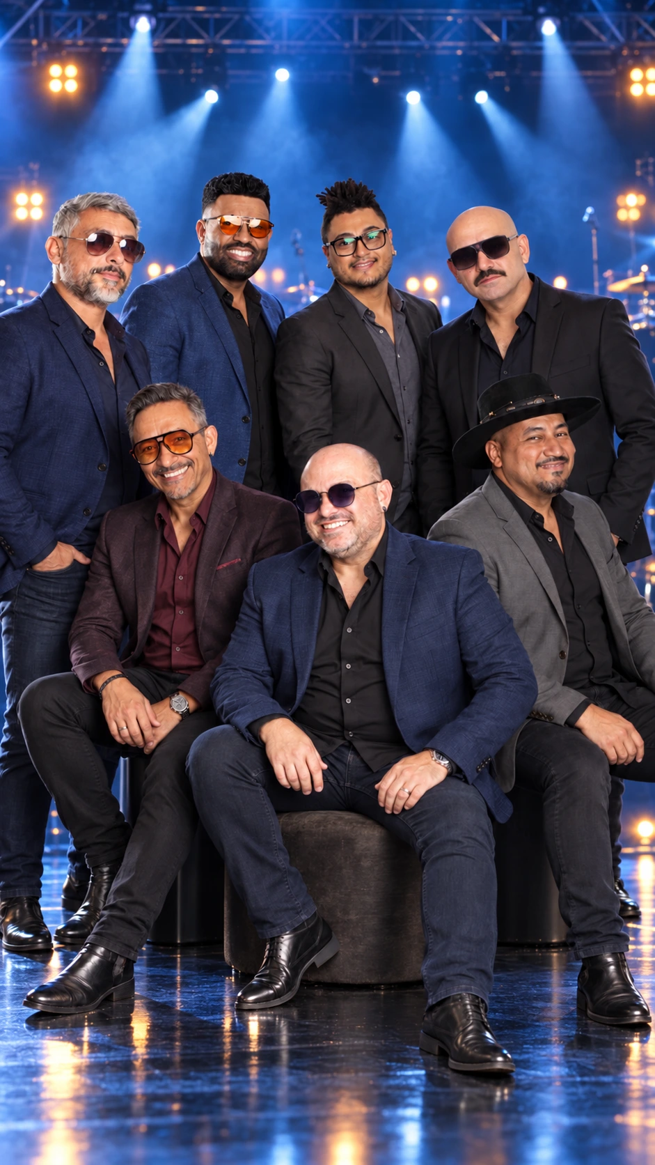 Sete integrantes da banda em retrato com cenário de show azul e prata