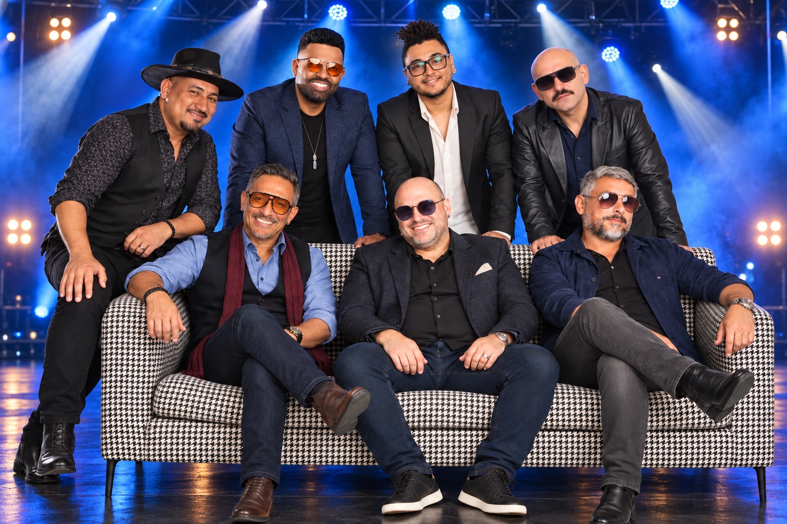 Os sete integrantes da banda reunidos no sofá em um cenário de palco